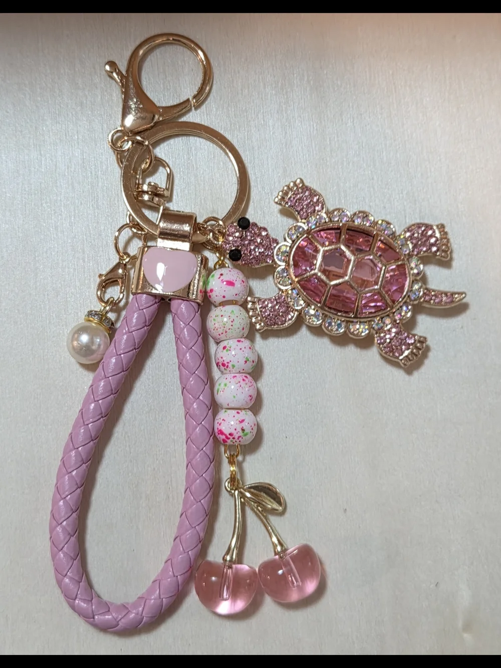 Pink Rhinestone Turtle Keychain with Braided Leather Loop & Cherry Charm